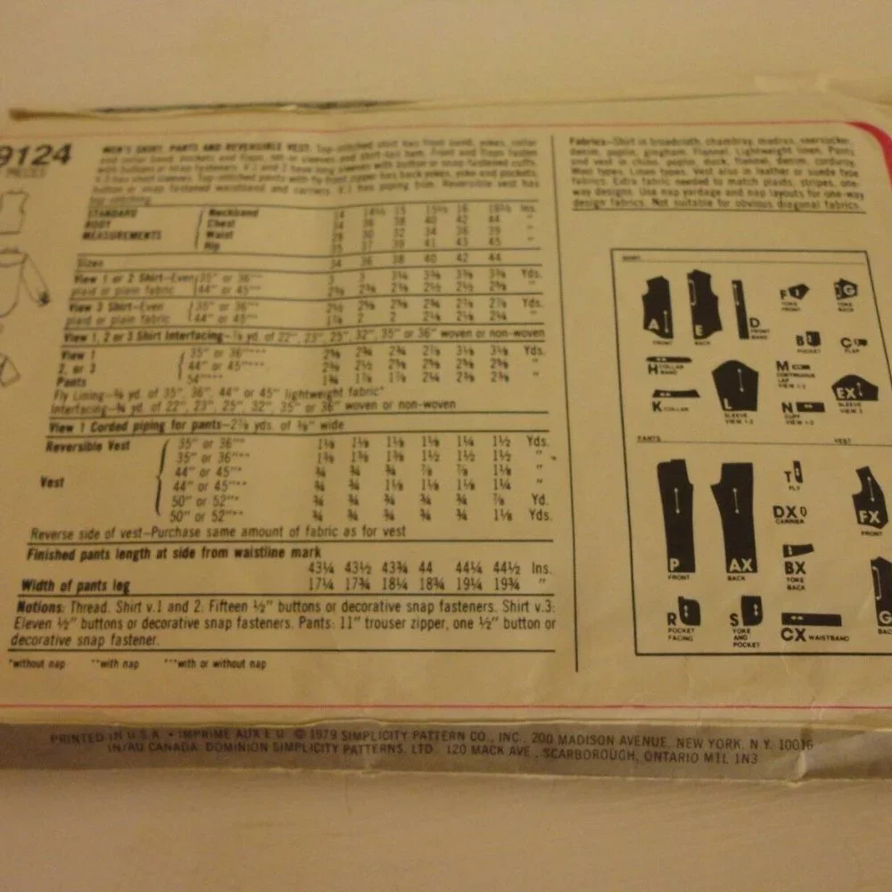 Vntg Men Shirt Vest Pants 9124 Simplicty pattern